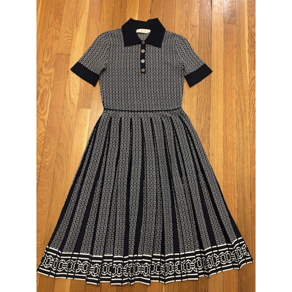 Tory Burch GEMINI LINK POLO DRESS Navy Blue White Size XS Jacquard NO BELT - Picture 2 of 8